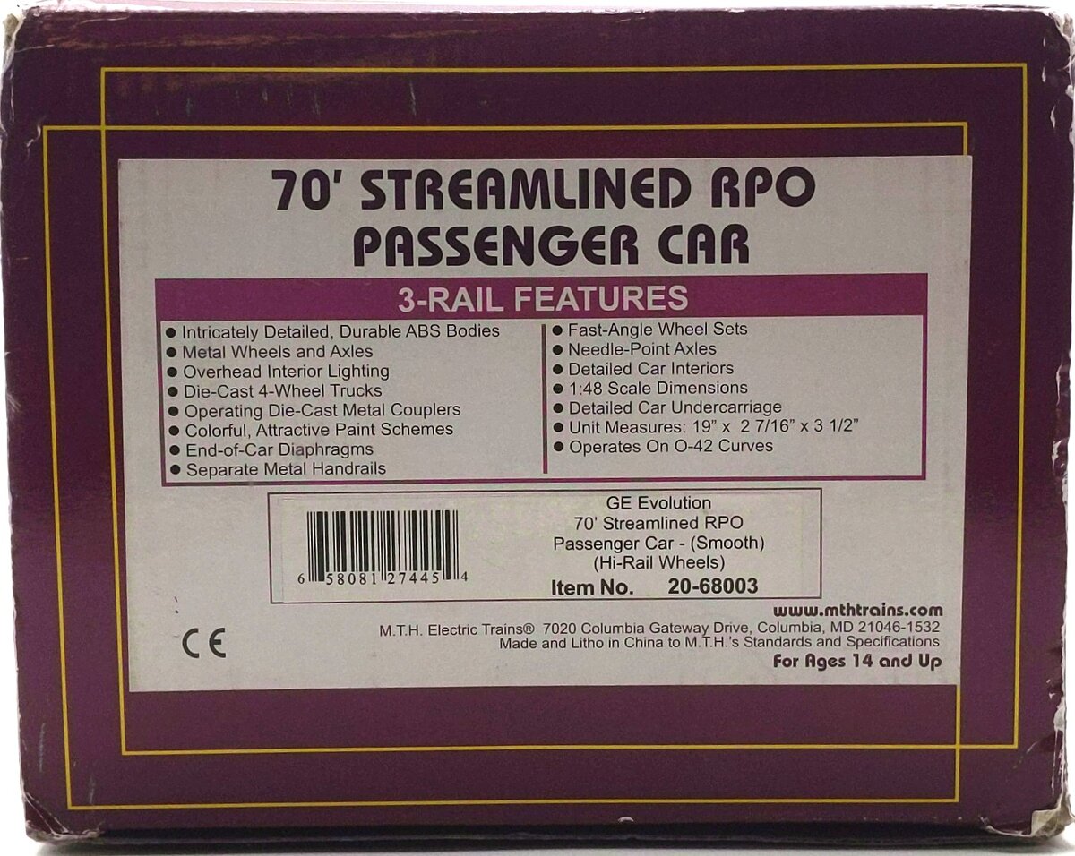 MTH 20-68003 O Gauge GE Evolution 70' Streamlined RPO Passenger Car #90 EX/Box
