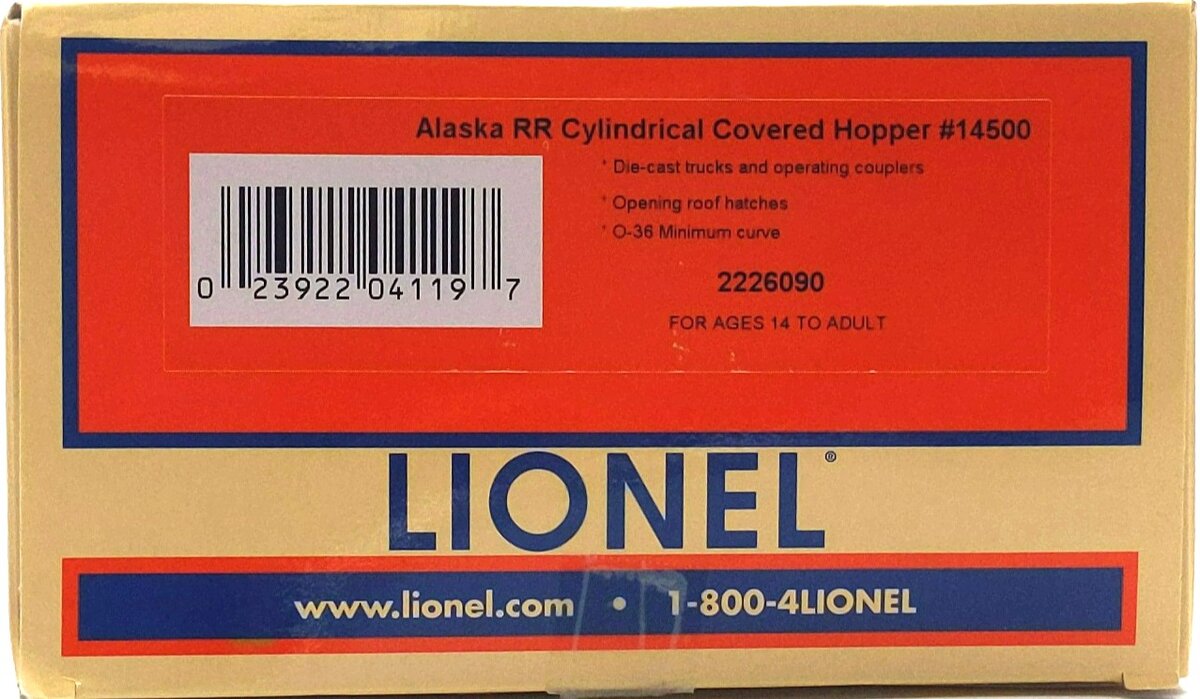 Lionel 2226090 O Alaska RR Cylindrical Covered Hopper #14500