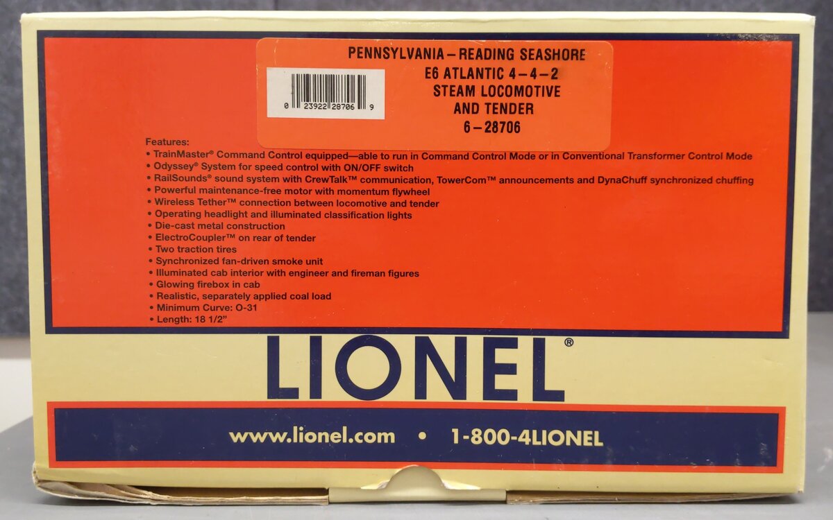 Lionel 6-28706 O Gauge Pennsylvania 4-4-2 Steam Locomotive & Tender w/TMCC #6064 EX/Box