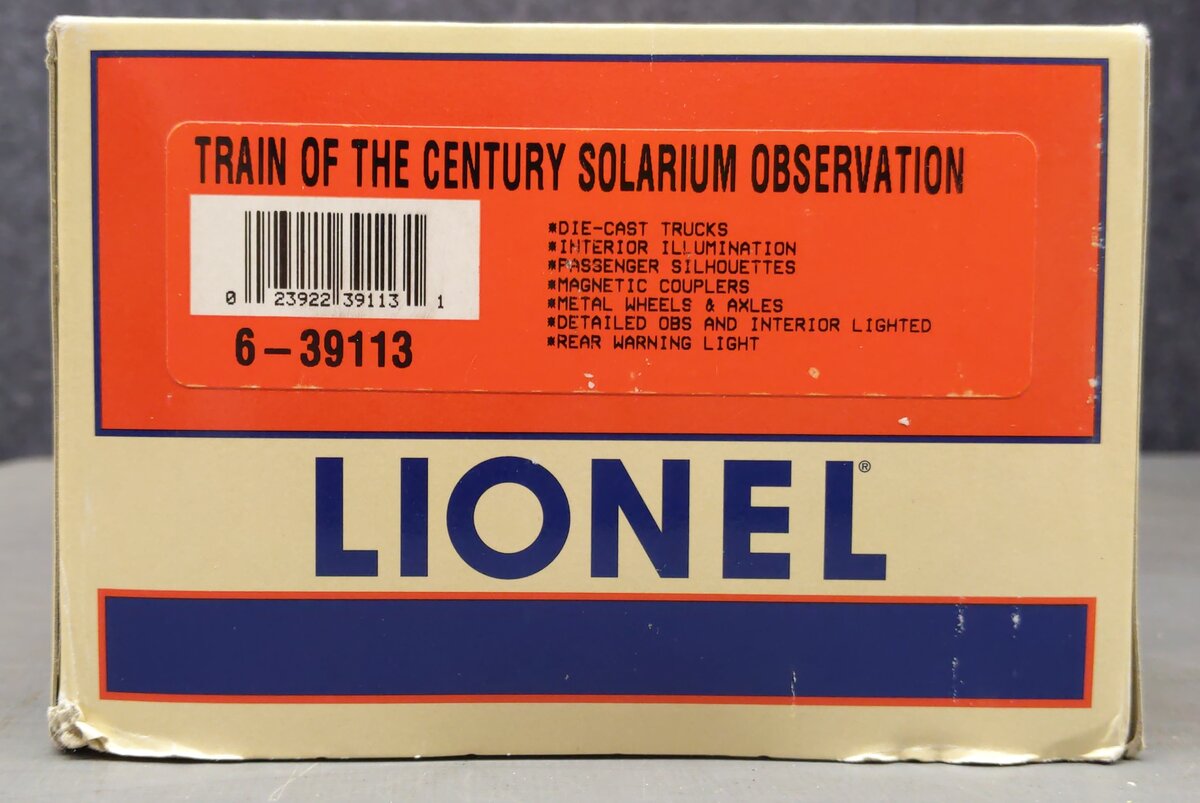 Lionel 6-39113 O Gauge Train of the Century "Lionel" Solarium Observation Car #4 EX/Box