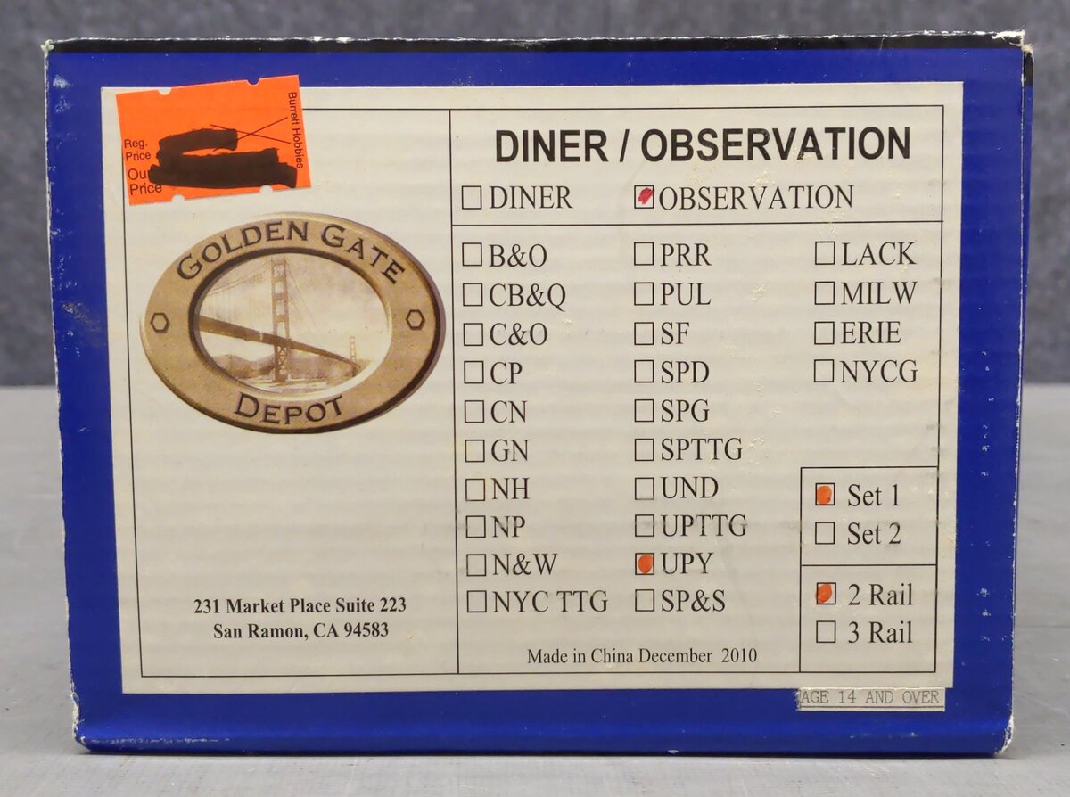 Golden Gate Depot o 2-Rail Union Pacific Set 1 Observation Car #106 LN/Box