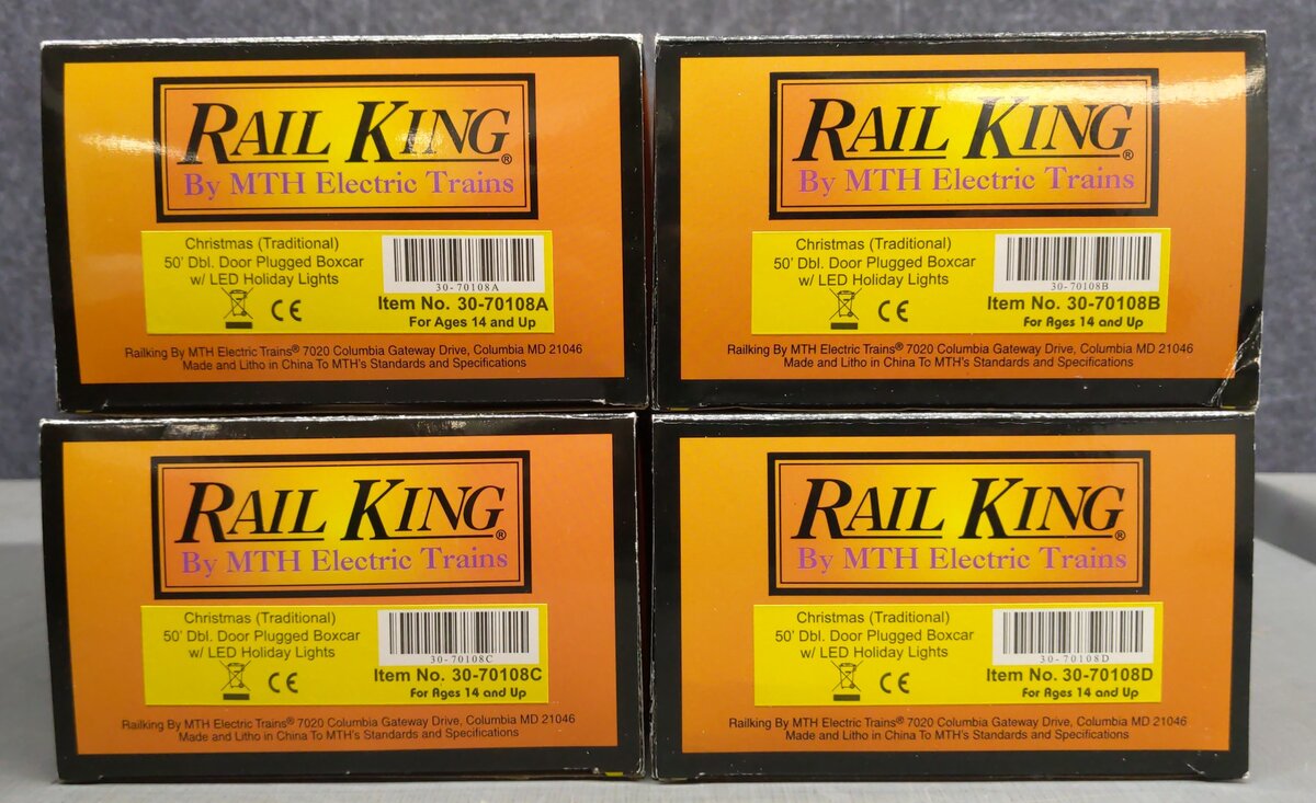 MTH 30-70108 O Christmas 50' Double Door 4Car Boxcar Set w/ LED Holiday Lights EX/Box