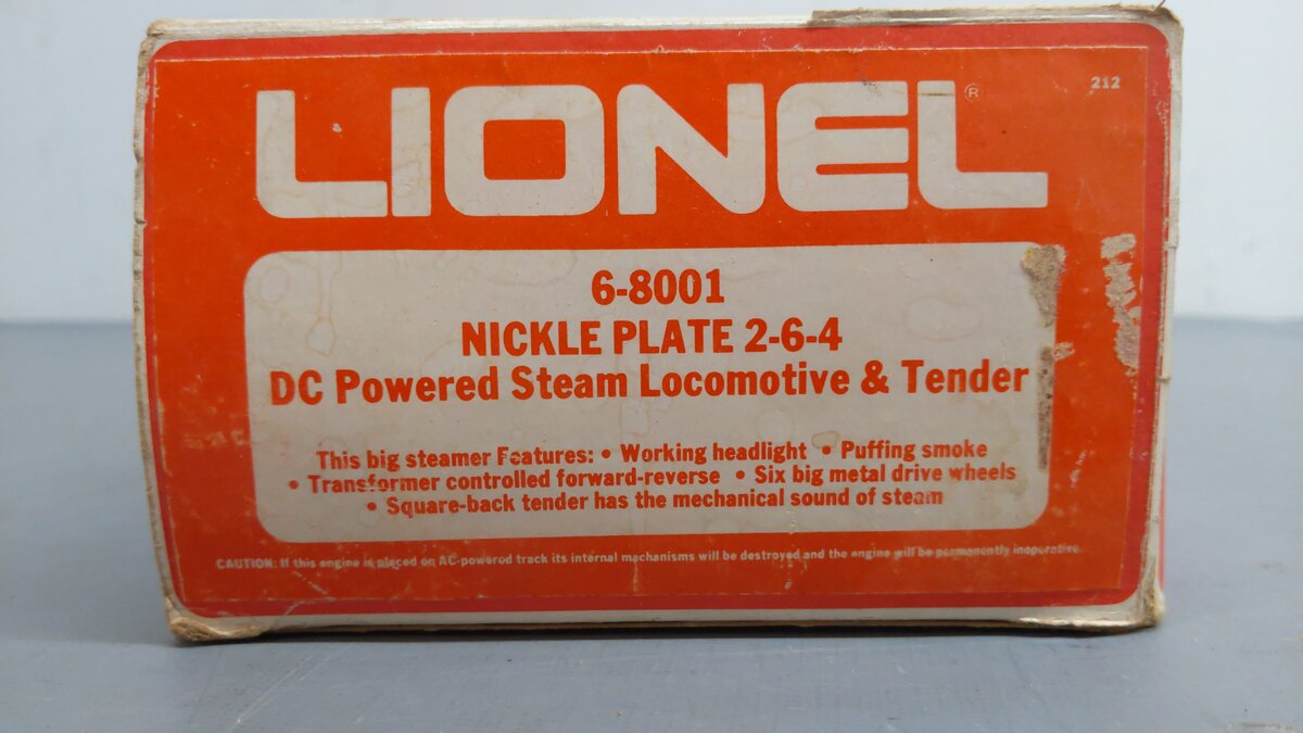 Lionel 6-8001 2-6-4 NKP Steam Locomotive & Tender #8001 EX/Box