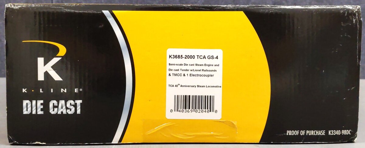 K-Line K3685-2000 O Gauge TCA GS-4 4-8-4 Steam Locomotive & Tender #2001 LN/Box