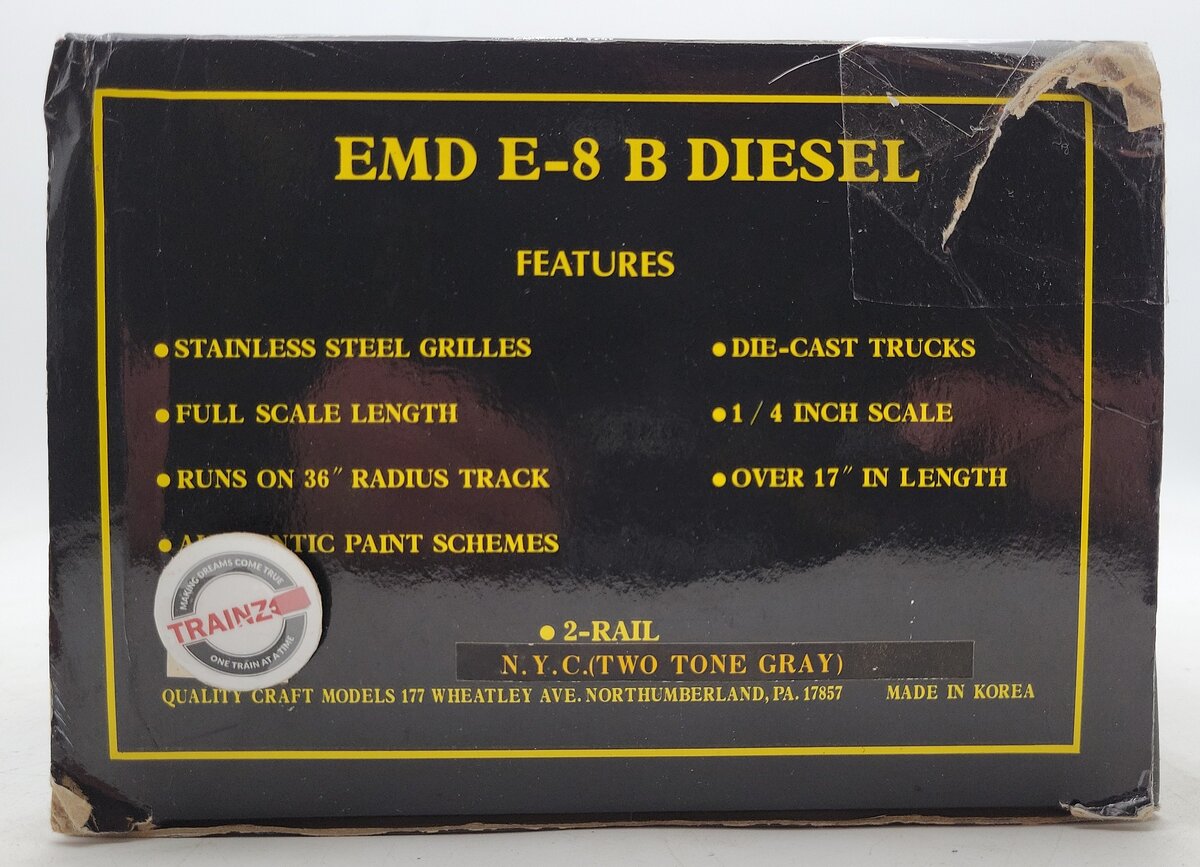 Weaver O 2-Rail New York Central  EMD E-8 (Two Tone Gray) B Diesel Locomotive LN/Box