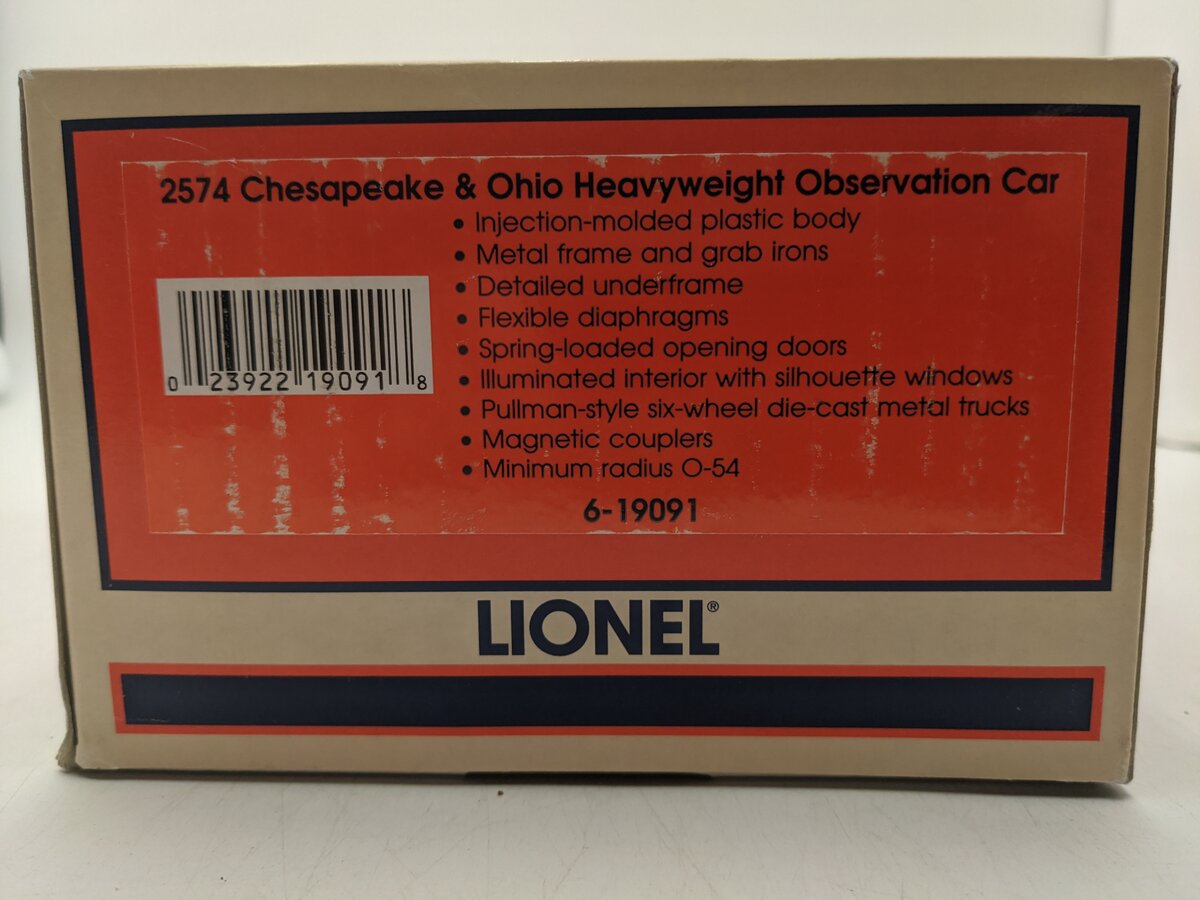Lionel 6-19091 O Gauge Chesapeake and Ohio Heavyweight Observation Car #2574 EX/Box
