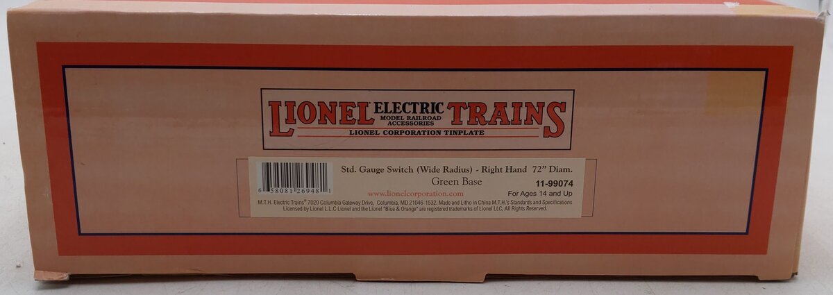 MTH 11-99074 Standard Gauge Tinplate Green 72 Inch Remote RH Switch EX/Box