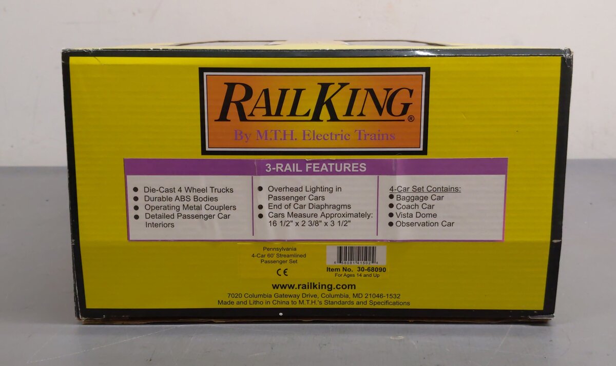 MTH 30-68090 O Pennsylvania 60' Streamlined Passenger Car Set (Set of 4) LN/Box