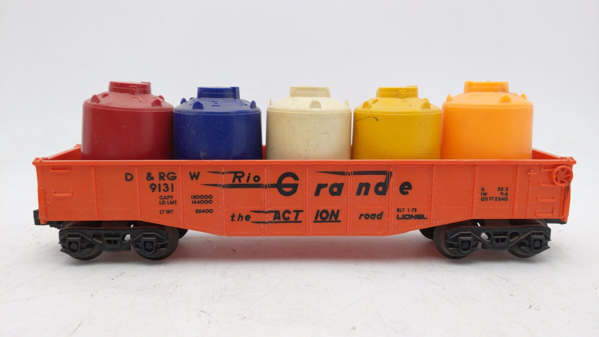 Lionel 6-9131 O Gauge Denver and Rio Grande Western Long Gondola with Cannisters EX/Box