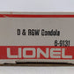 Lionel 6-9131 O Gauge Denver and Rio Grande Western Long Gondola with Cannisters EX/Box