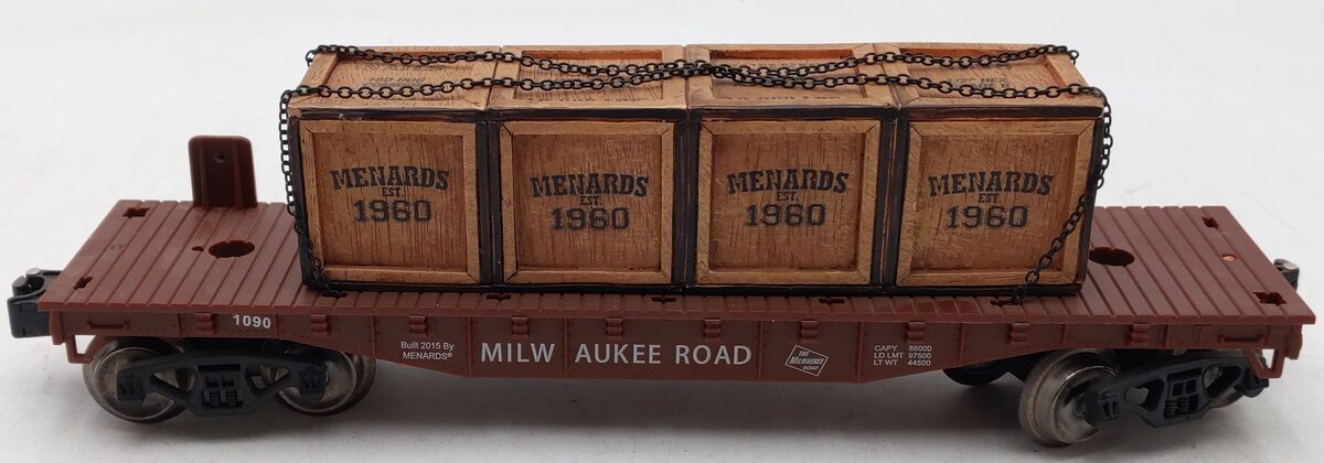 Menards 279-0704 O Milwaukee Road Flatcar w/ Wood Crates #1090 EX/Box
