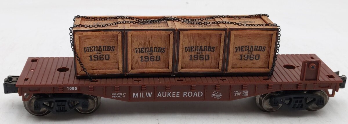 Menards 279-0704 O Milwaukee Road Flatcar w/ Wood Crates #1090 EX/Box