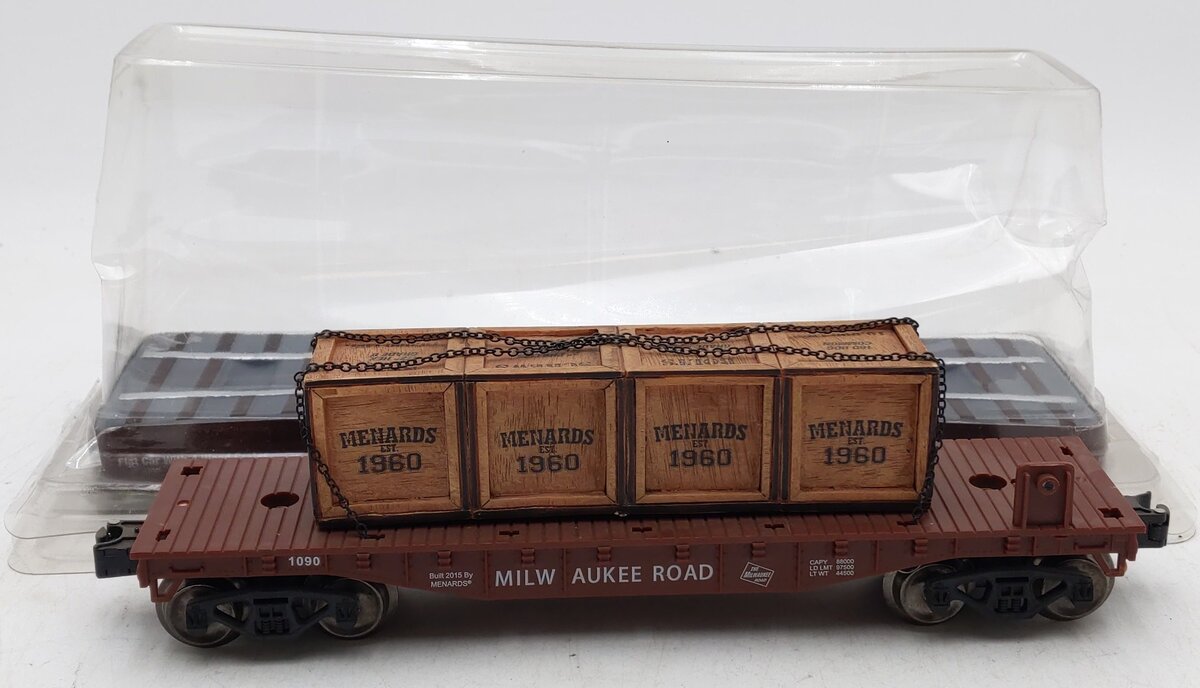 Menards 279-0704 O Milwaukee Road Flatcar w/ Wood Crates #1090 EX/Box
