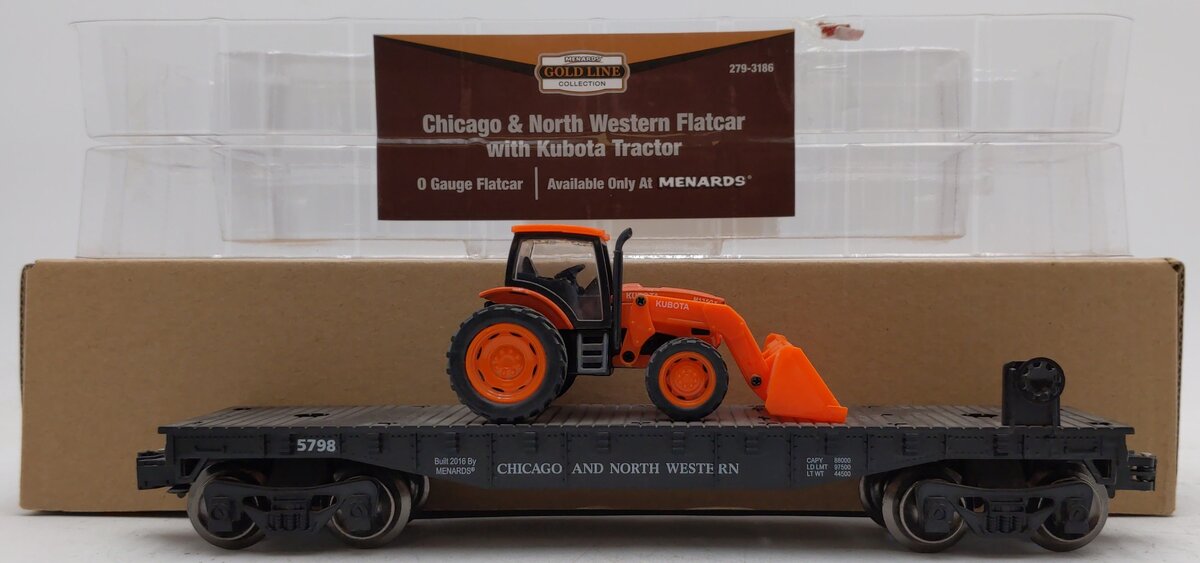 Menards 279-3186 O Chicago & North Western Flatcar with Kubota Tractor #5798 EX/Box