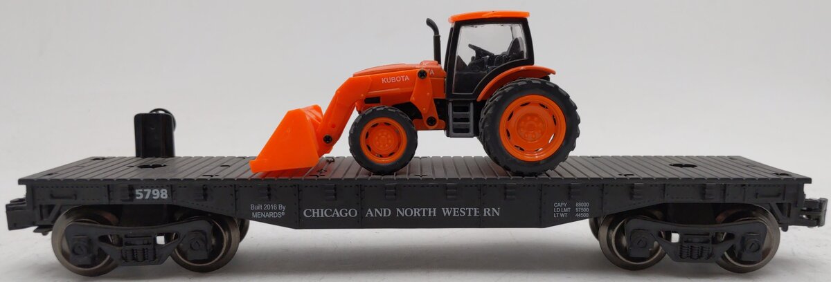 Menards 279-3186 O Chicago & North Western Flatcar with Kubota Tractor #5798 EX/Box