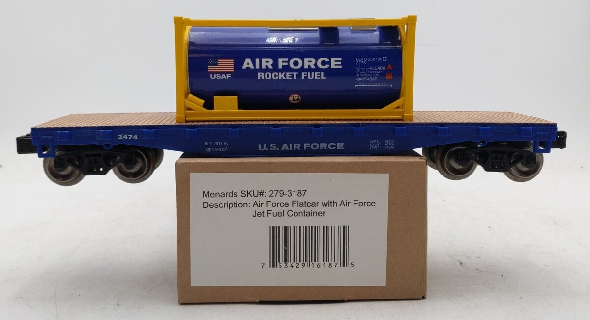 Menards 279-3187 O Gauge US Army Flatcar w/ Jet Fuel Container #2474 EX/Box
