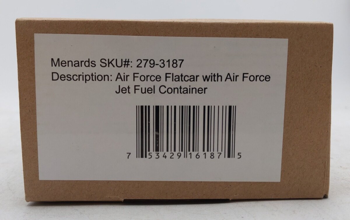 Menards 279-3187 O Gauge US Army Flatcar w/ Jet Fuel Container #2474 EX/Box