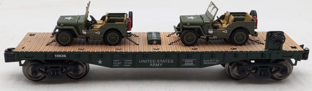 Menards 279-3380 O Army Flatcar w/ Two Jeeps #10636 EX/Box