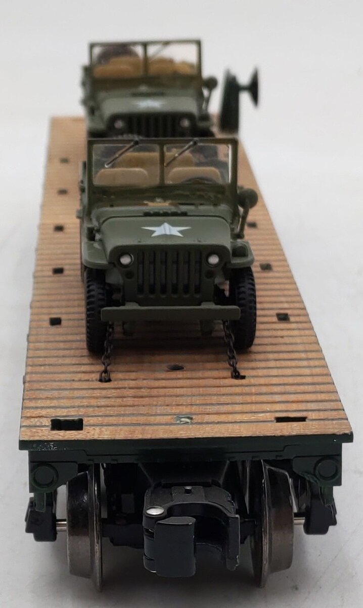 Menards 279-3380 O Army Flatcar w/ Two Jeeps #10636 EX/Box