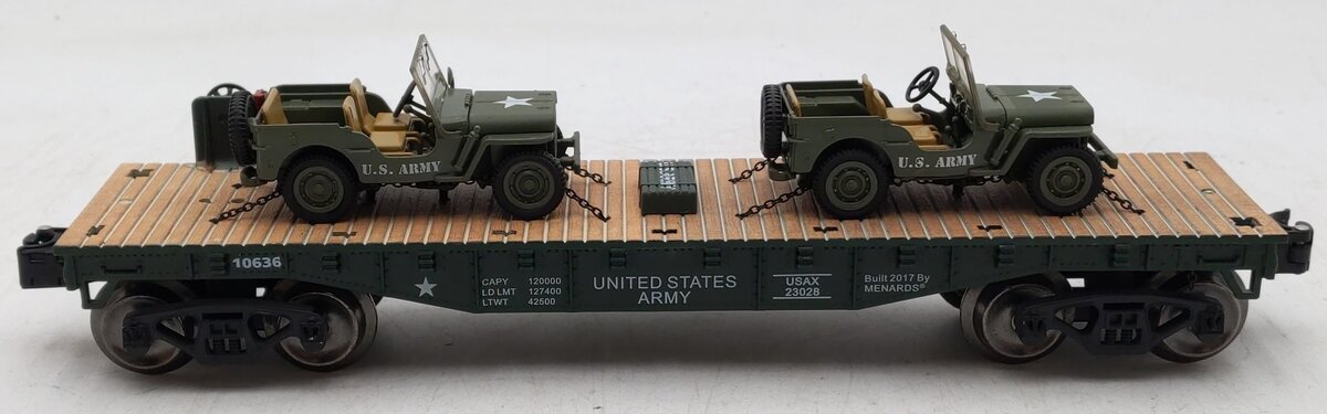 Menards 279-3380 O Army Flatcar w/ Two Jeeps #10636 EX/Box