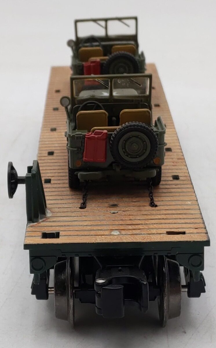Menards 279-3380 O Army Flatcar w/ Two Jeeps #10636 EX/Box