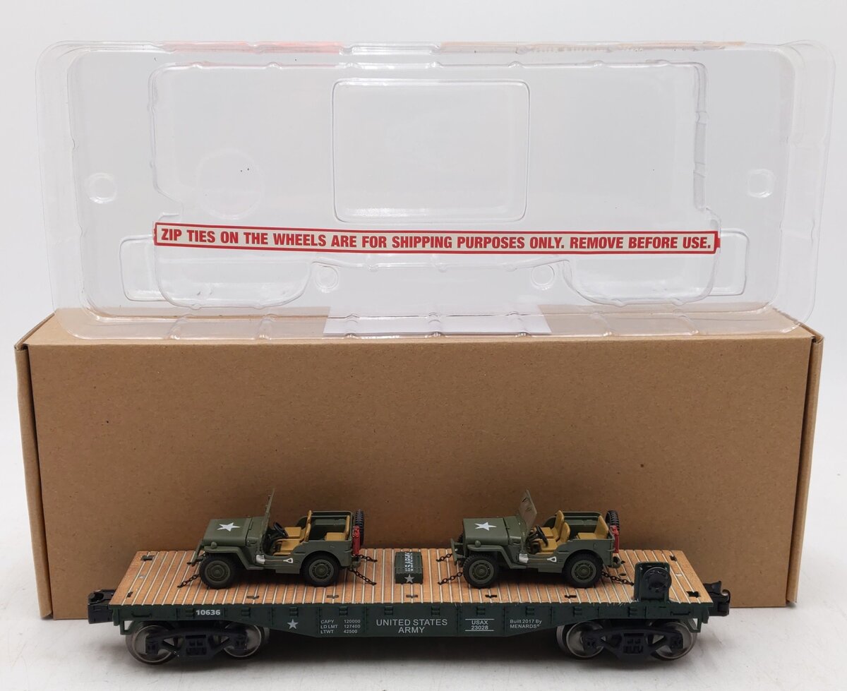 Menards 279-3380 O Army Flatcar w/ Two Jeeps #10636 EX/Box