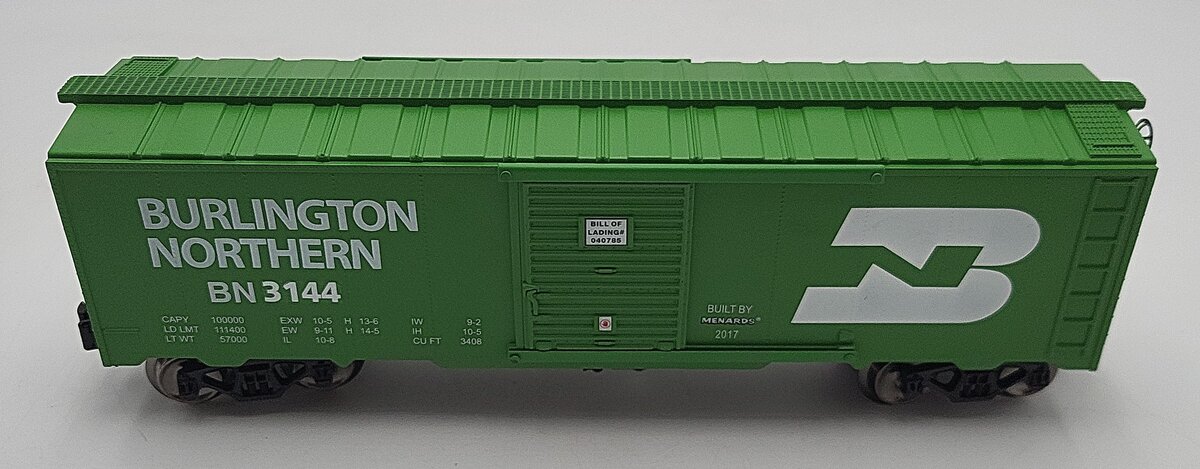 Menards 279-3826 O Gauge Burlington Northern Boxcar #3144 LN/Box