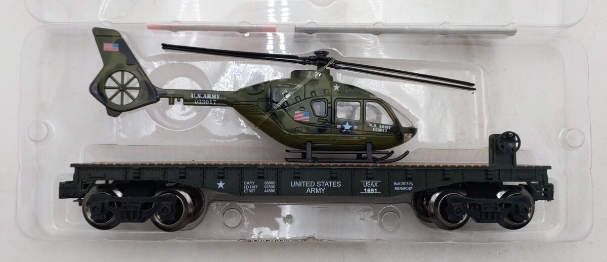 Menards 279-4484 O Gauge US Army Flat Car w/ Helicopter #1691 LN/Box