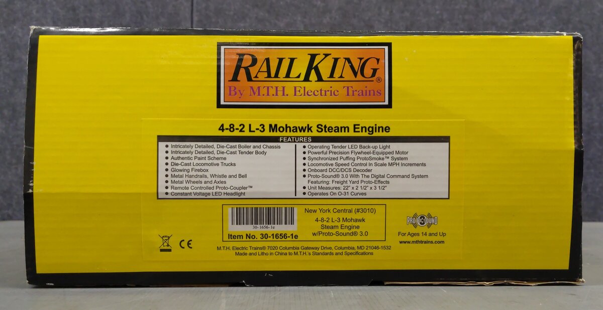 MTH 30-1656-1e O New York Central 4-8-2 L-3 Mohawk Steam Loco & Tender #3010 EX/Box