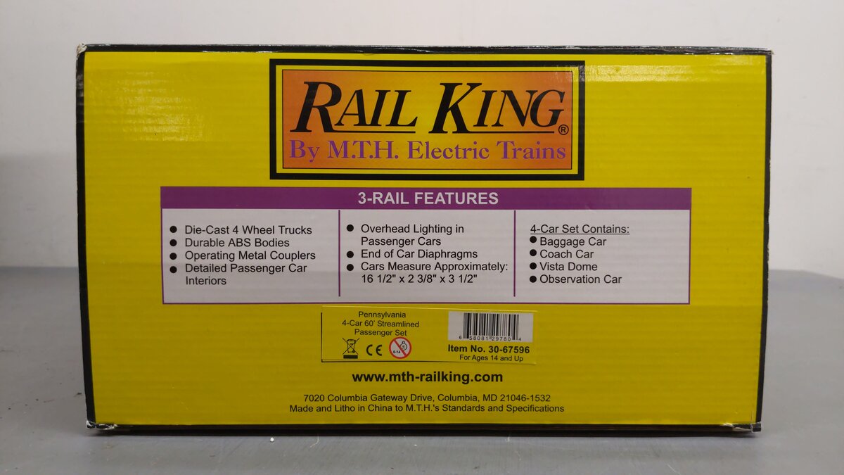 MTH 30-67596 O Pennsylvania RailKing 60' Streamlined Passenger Set (Set of 4) EX/Box