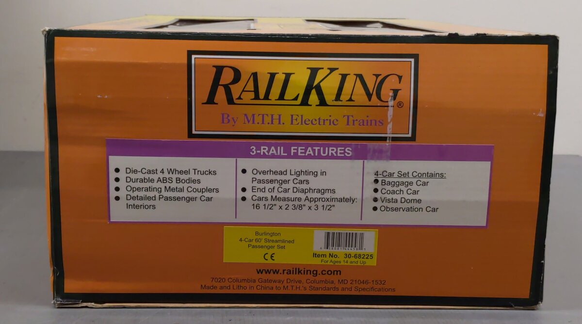 MTH 30-68225 O Gauge Burlington 4-Car 60' Streamlined Passenger Set EX/Box