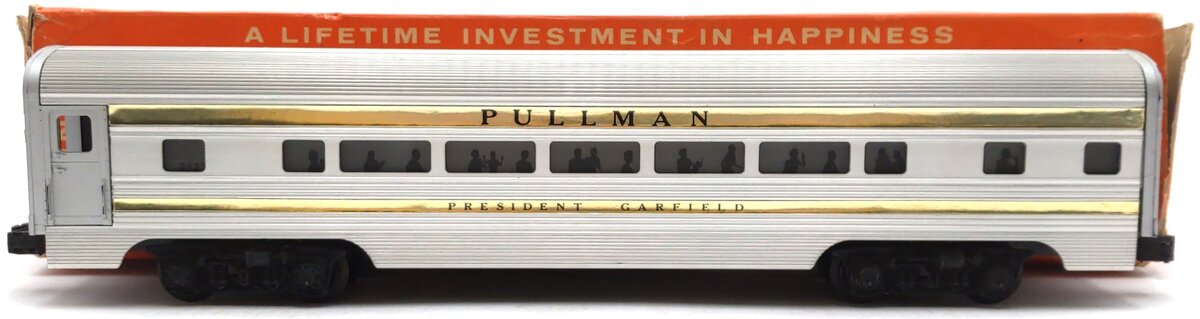 Lionel 2523 Vintage O President Garfield Gold Stripe Aluminum Pullman Car VG/Box