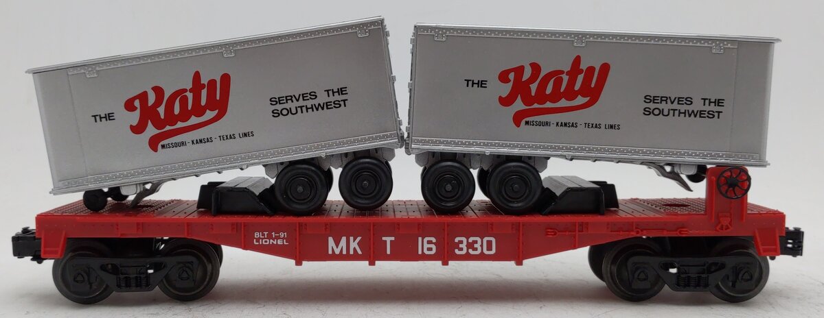 Lionel 6-16330 O Gauge Missouri, Kansas & Texas Flatcar w/ Trailers LN/Box
