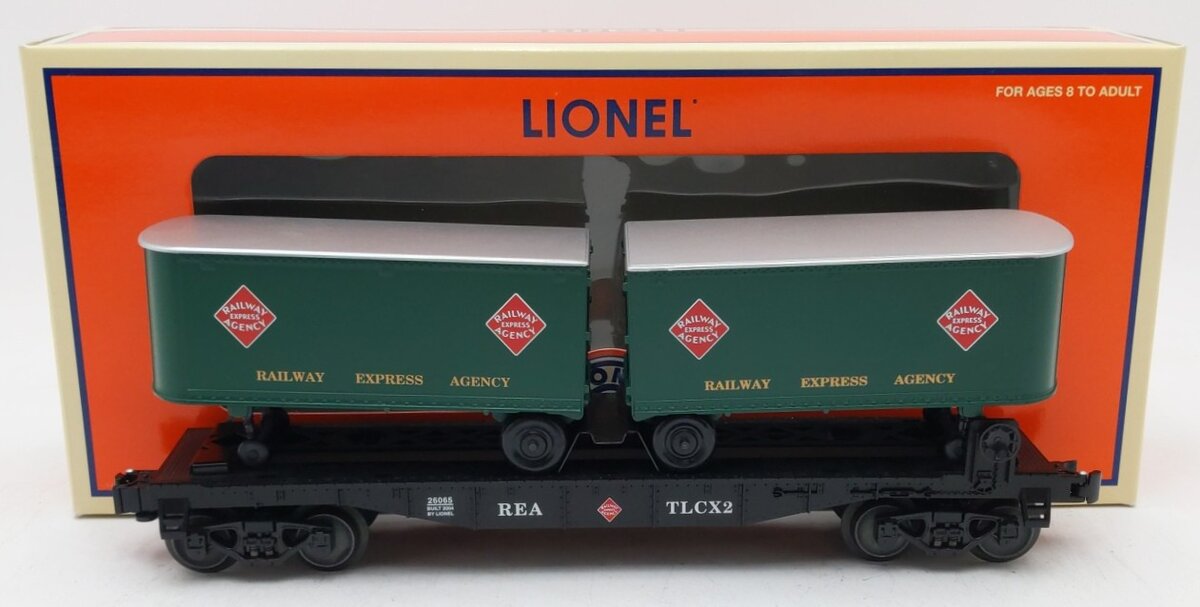 Lionel 6-26065 O Gauge REA Flatcar with Piggyback Trailers NIB
