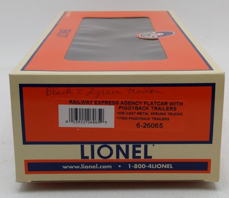 Lionel 6-26065 O Gauge REA Flatcar with Piggyback Trailers NIB