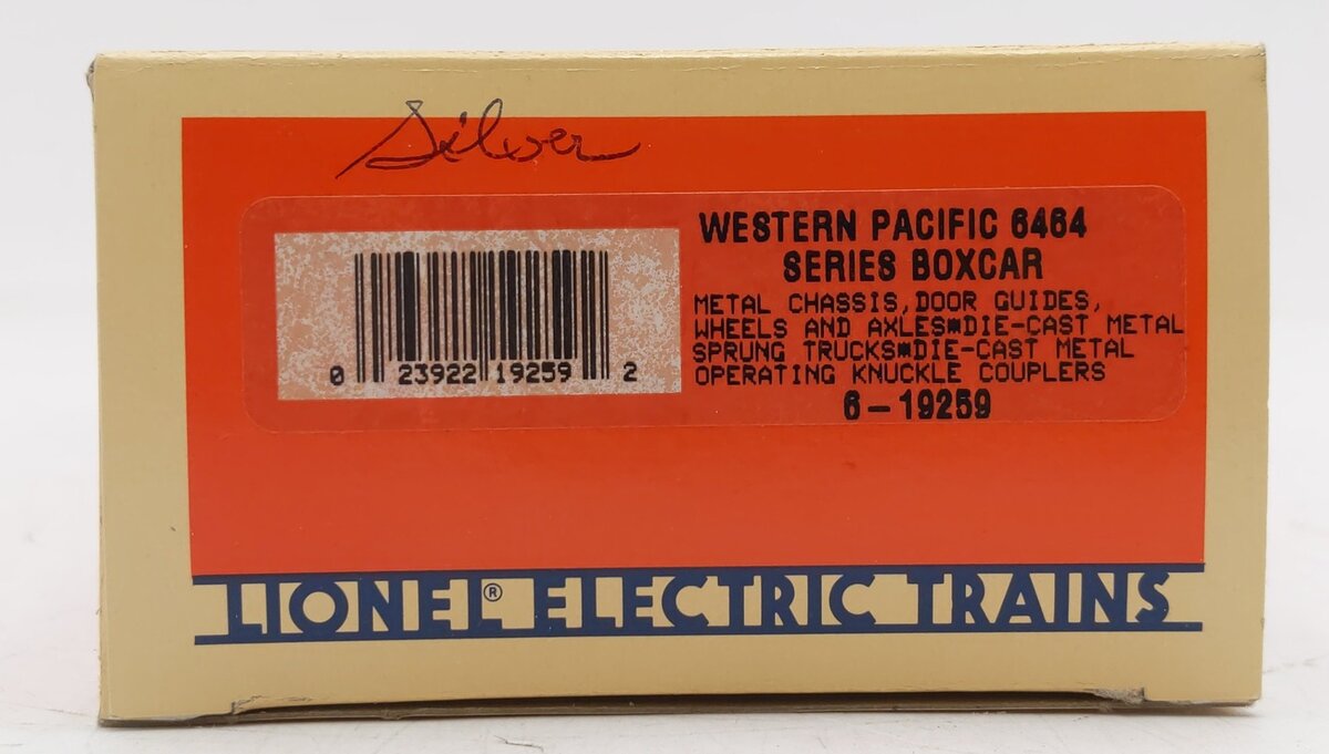 Lionel 6-19259 O Gauge Western Pacific Silver Yellow Feather 6464 Series Boxcar EX/Box