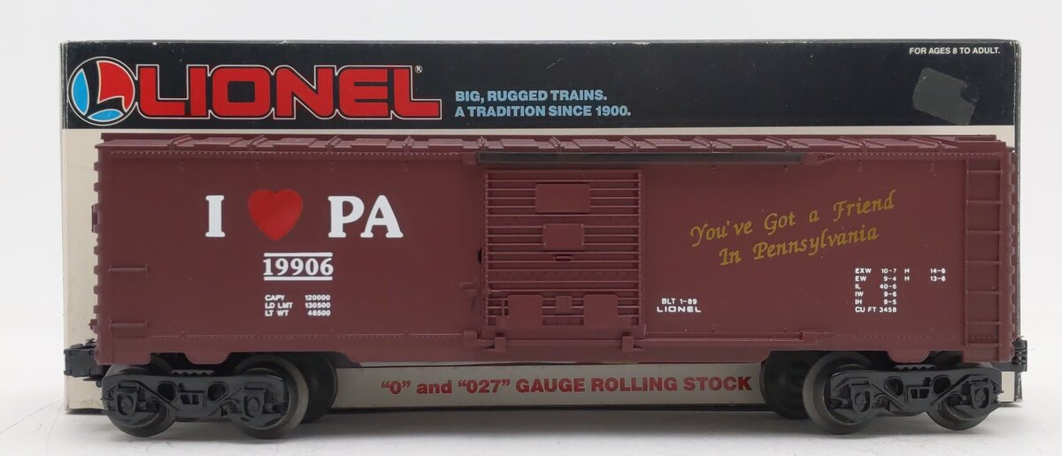 Lionel 6-19906 O Gauge I Love Pennsylvania Boxcar EX/Box