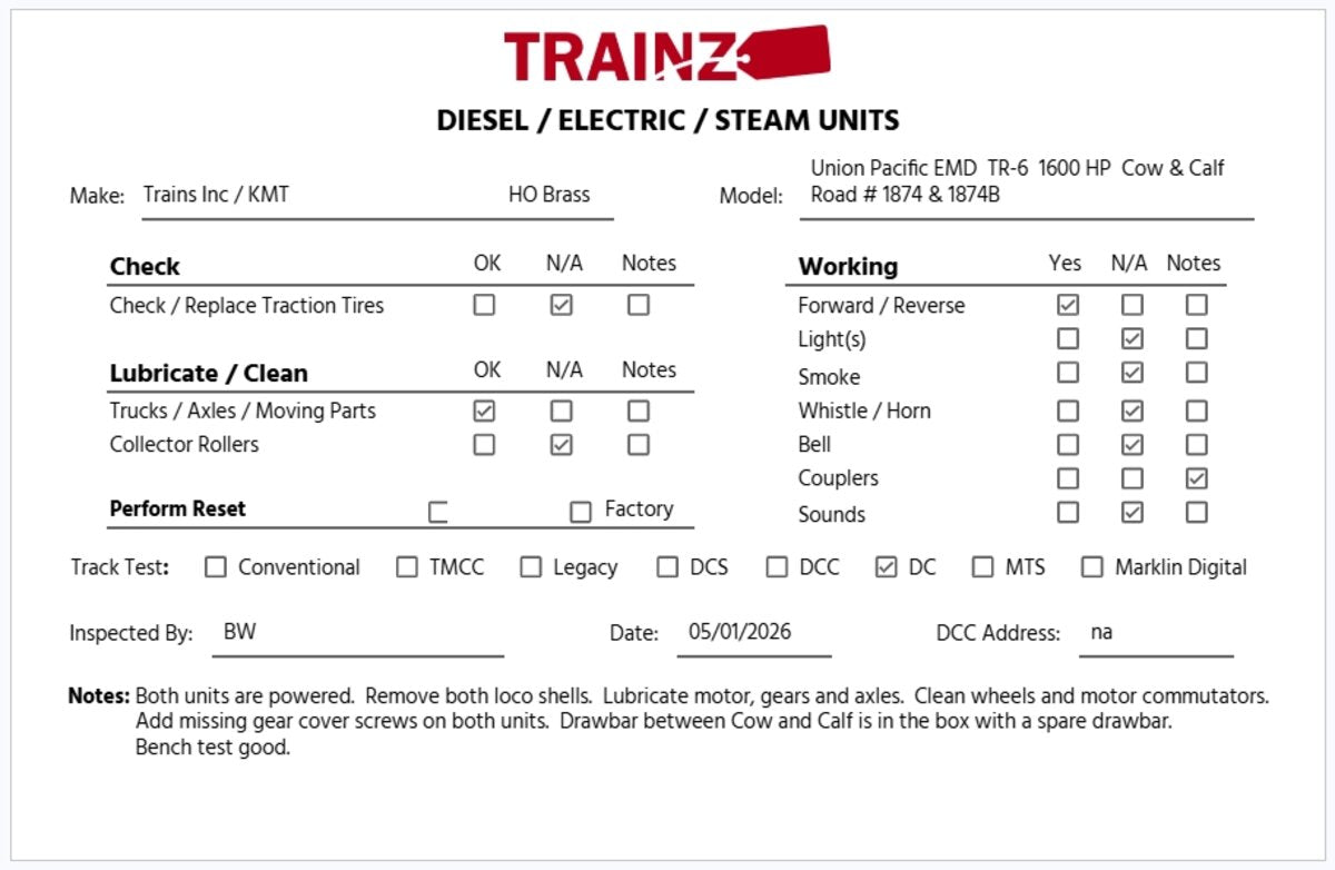Trains Inc. HO Brass Union Pacific EMD TR-6 1600HP Cow & Calf A-B Set - Custom
