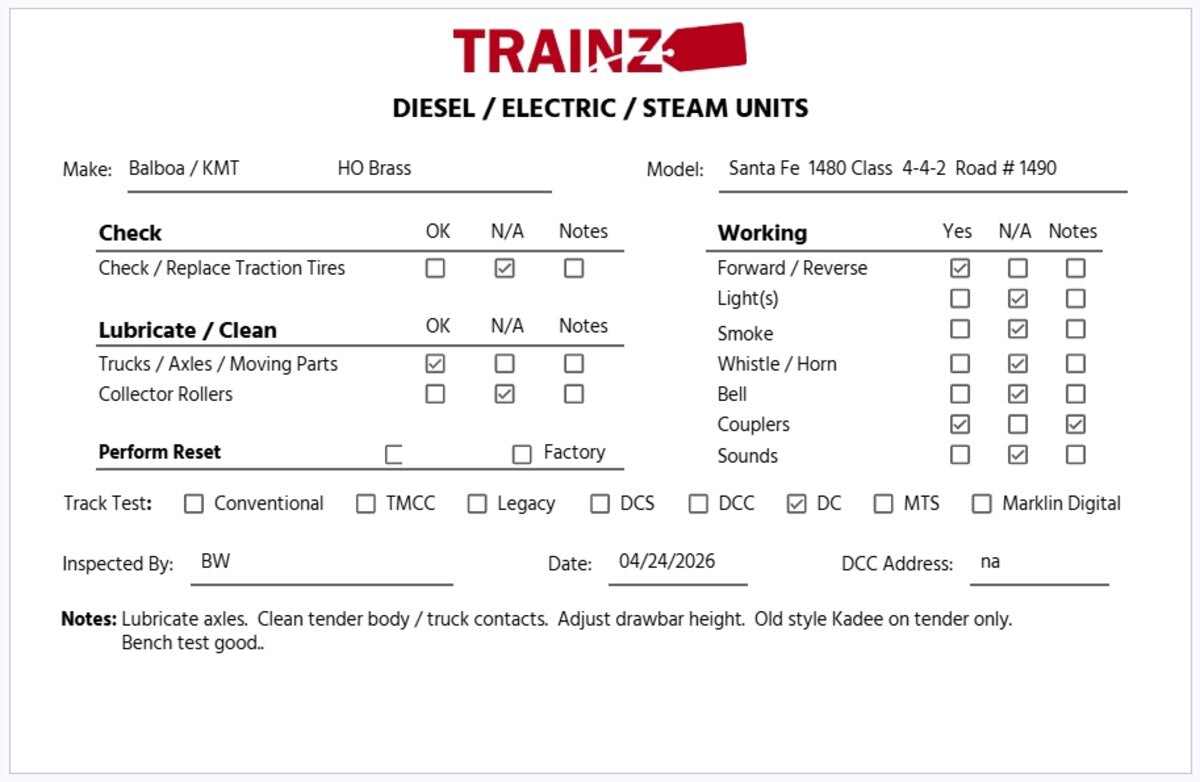 Balboa HO Scale BRASS AT&SF 4-4-2 Atlantic Steam Locomotive & Tender - Custom/Box