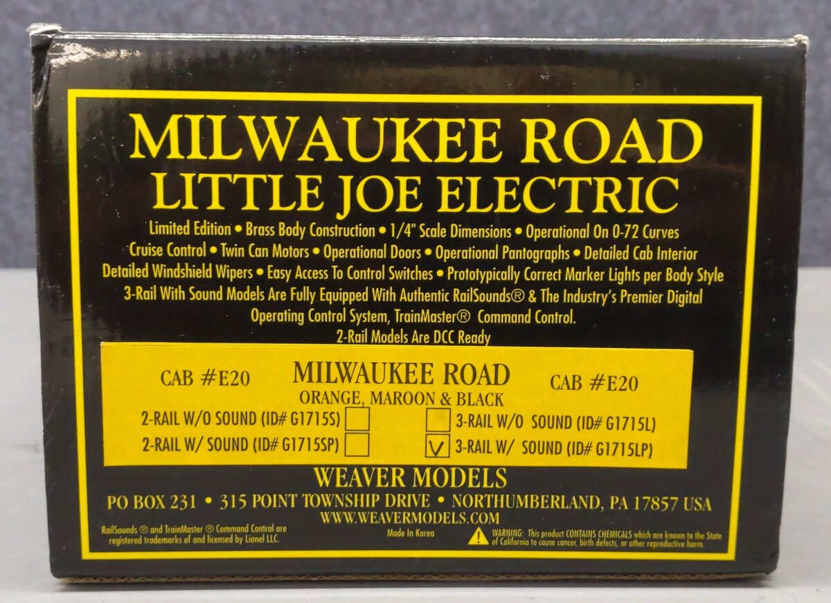 Weaver G1715LP O Gauge BRASS Milwaukee Road Little Joe Electric Locomotive #E20 EX/Box