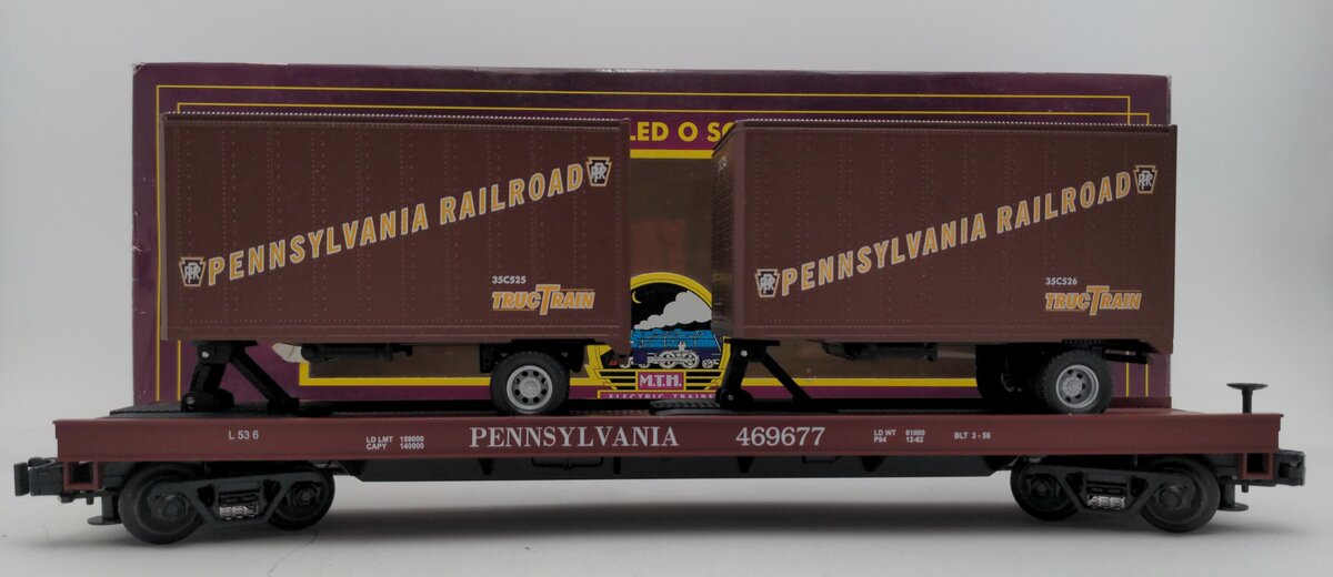 MTH 20-98104 O Gauge Pennsylvania Flatcar #469677 with Pennsylvania Trailers EX/Box