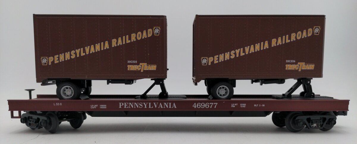 MTH 20-98104 O Gauge Pennsylvania Flatcar #469677 with Pennsylvania Trailers EX/Box