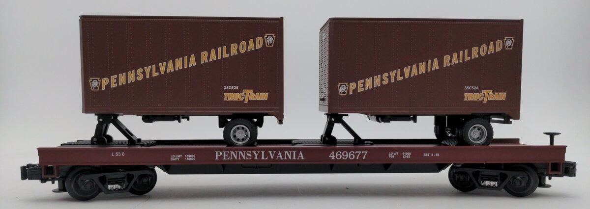 MTH 20-98104 O Gauge Pennsylvania Flatcar #469677 with Pennsylvania Trailers EX/Box