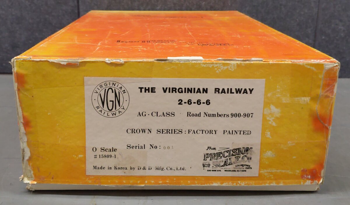 Precision Scale Co 15809-1 O Brass Virginian 2-6-6-6 Steam Loco & Tender #903 2R EX/Box