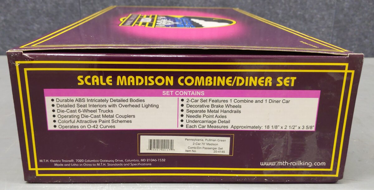 MTH 20-4145 O PRR Green Como 70' Madison Comb/Din Passenger Set (Set of 2) LN/Box