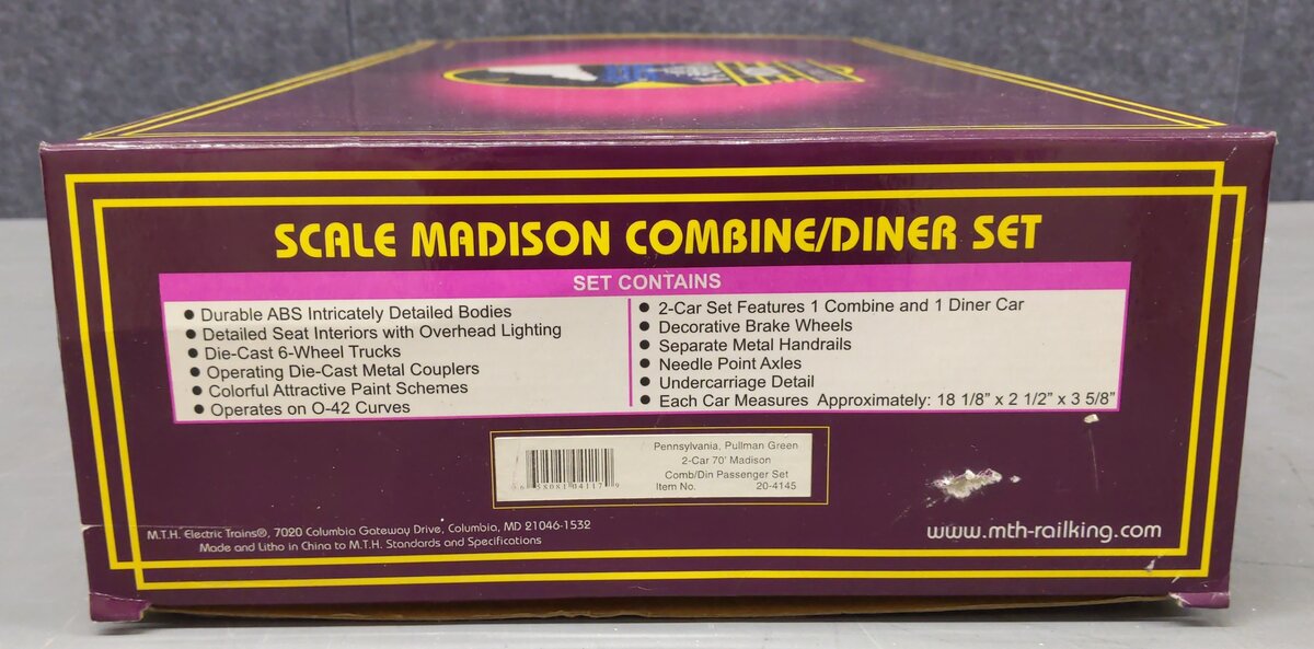MTH 20-4145 O PRR Green Como 70' Madison Comb/Din Passenger Set (Set of 2) LN/Box