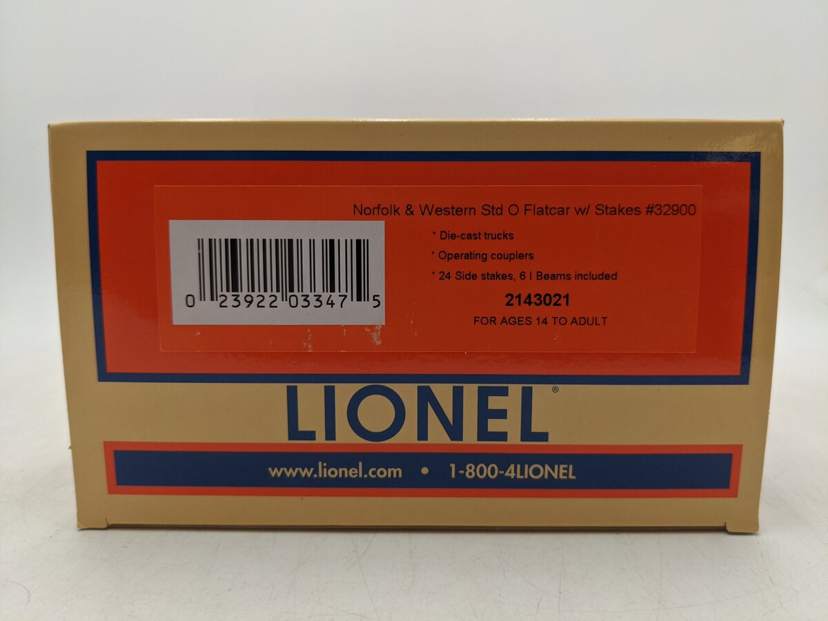 Lionel 2143021 O Norfolk & Western Standard Flat Car with Stakes #32900 NIB