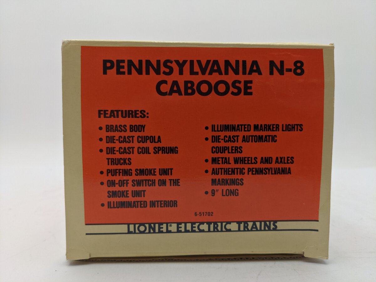 Lionel 6-51702 O Gauge BRASS Pennsylvania N-8 Smoking Caboose #478039 EX/Box