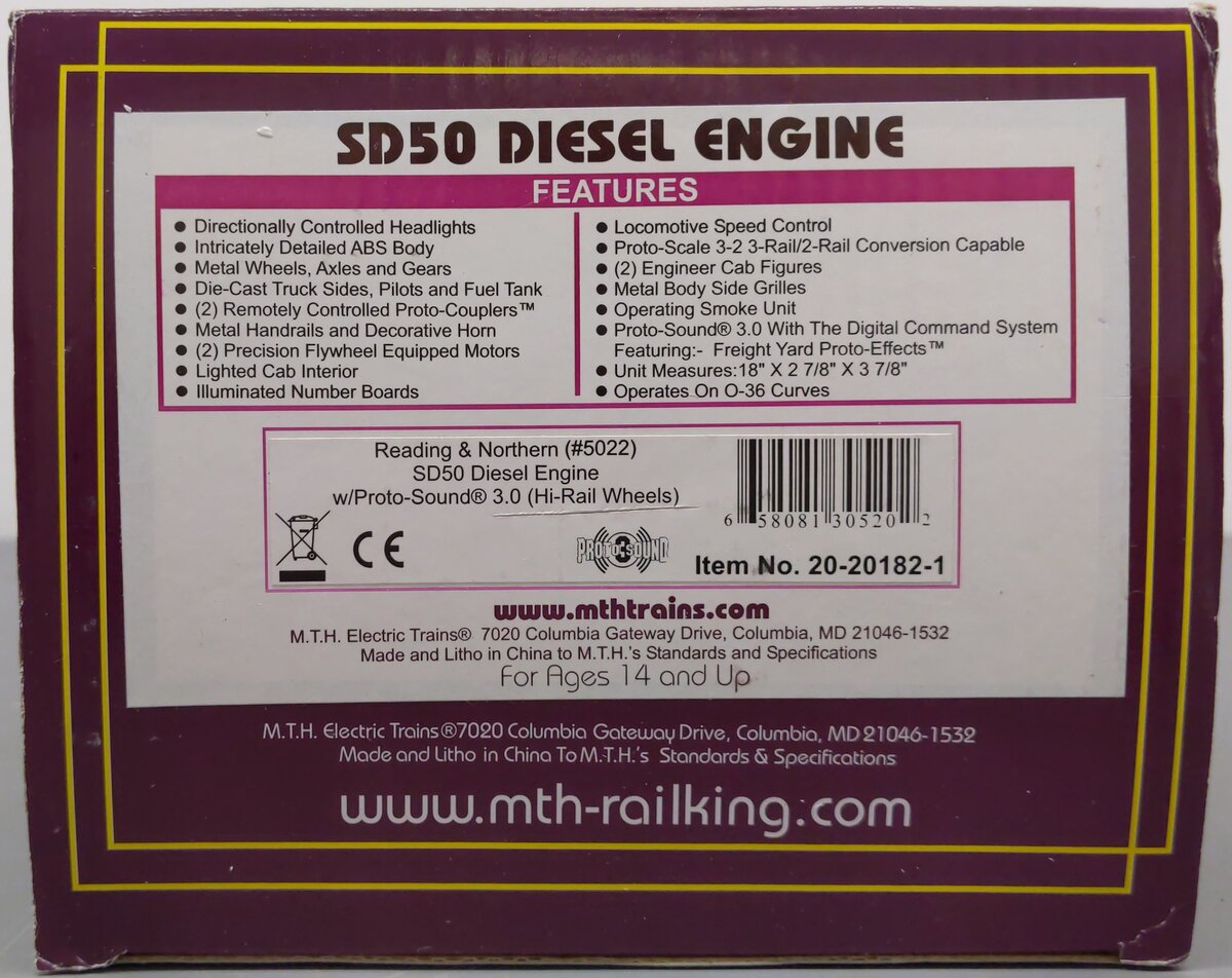 MTH 20-20182-1 Reading & Northern SD50 Diesel Engine w/ PS3 #5022 EX/Box