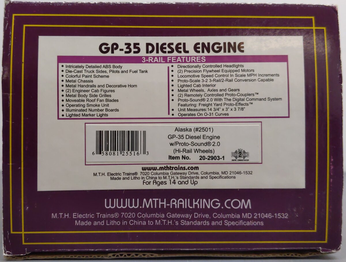 MTH 20-2903-1 Alaska GP-35 Diesel Engine w/PS 2.0 #2501 (Hi-Rail Wheels) EX/Box
